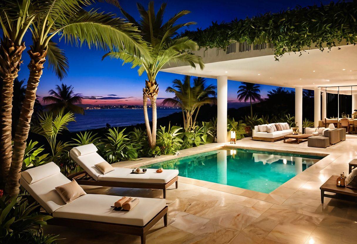 A captivating pool scene featuring a stylish, modern swimming pool bordered by lush greenery. In the foreground, a diverse group of people in fashionable, seductive swimwear engaging in playful, flirtatious interactions, with hints of vibrant nightlife in the background. Soft, ambient lighting illuminates the scene, evoking a sense of allure and excitement. Palm trees sway gently in the breeze while a luxurious lounge area beckons. tropical, vibrant colors, super-realistic.